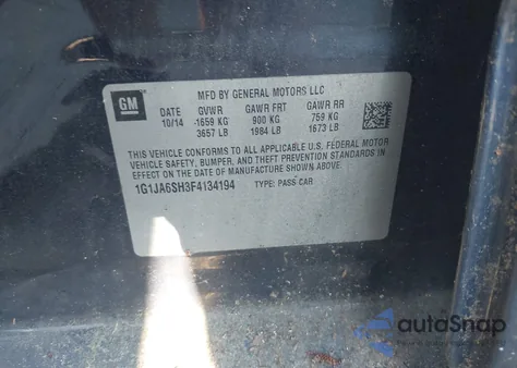 2015 Chevrolet Sonic Ls из США, поврежденный, VIN 1G1JA6SH3F4134194